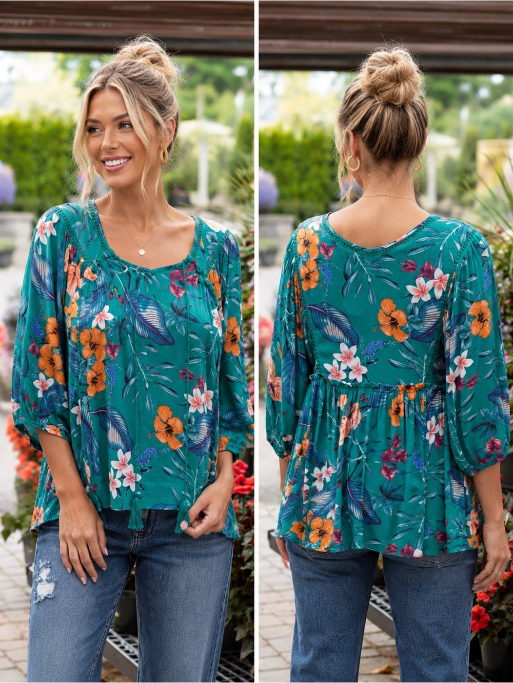 NWT Oddi Teal Floral Peasant Blouse